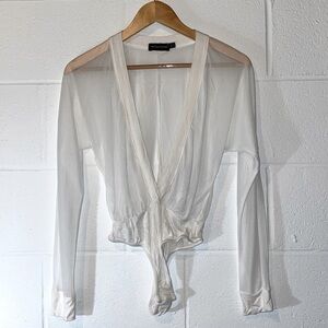 NWOT PrettyLittleThing White Sheer Deep V-neck Bodysuit